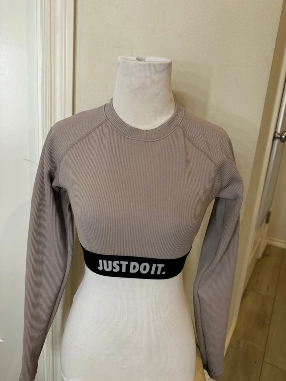 Nike Cropped Long-Sleeve Top in Taupe with Black Elastic